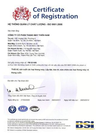 Chứng chỉ ISO 9001:2008 - Thang Máy Thiên Nam - Công Ty Cổ Phần Thang Máy Thiên Nam